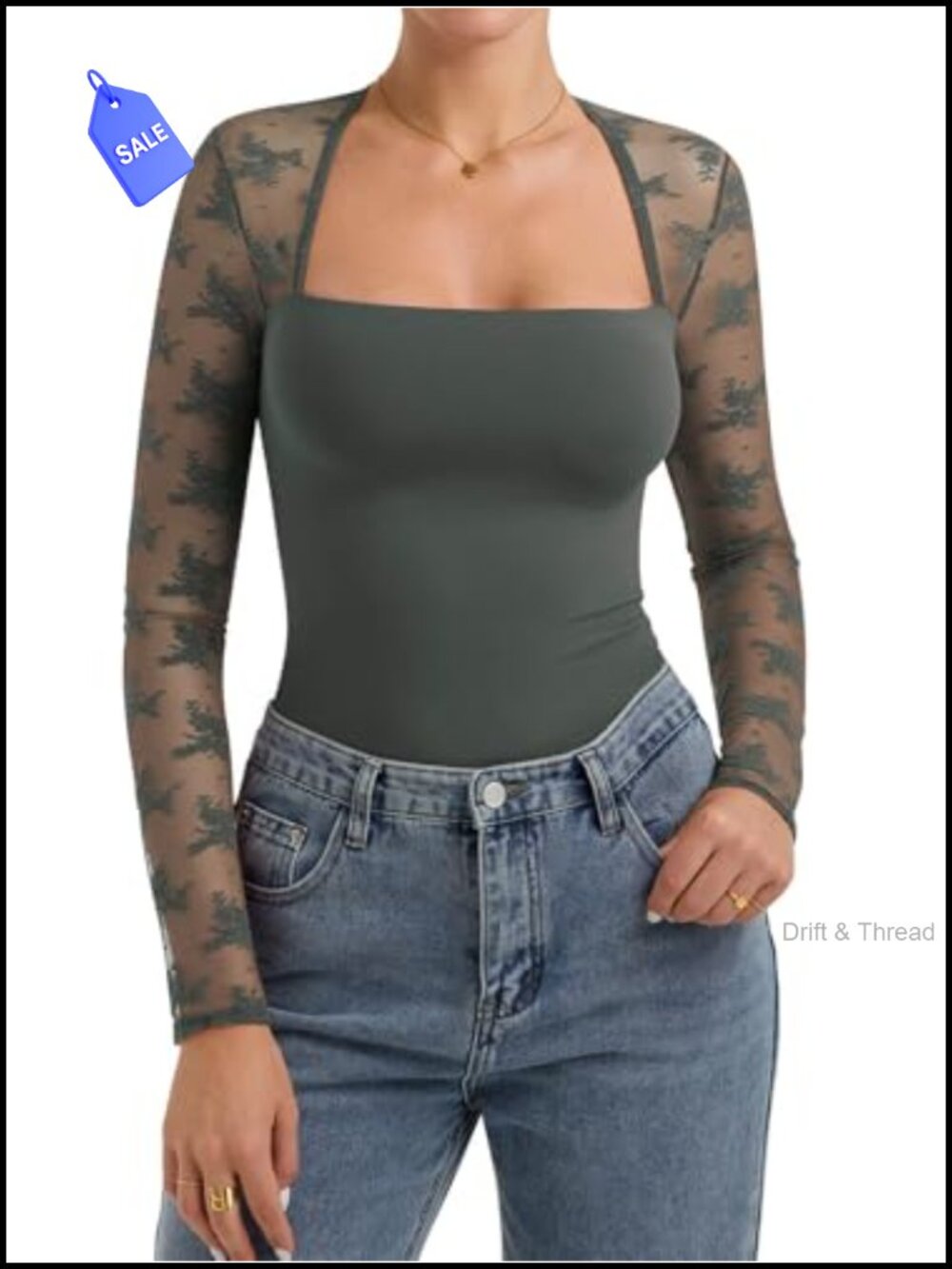 Elegant Lace Long Sleeve Square Neck Tunic Blouse Womens Sleek Top